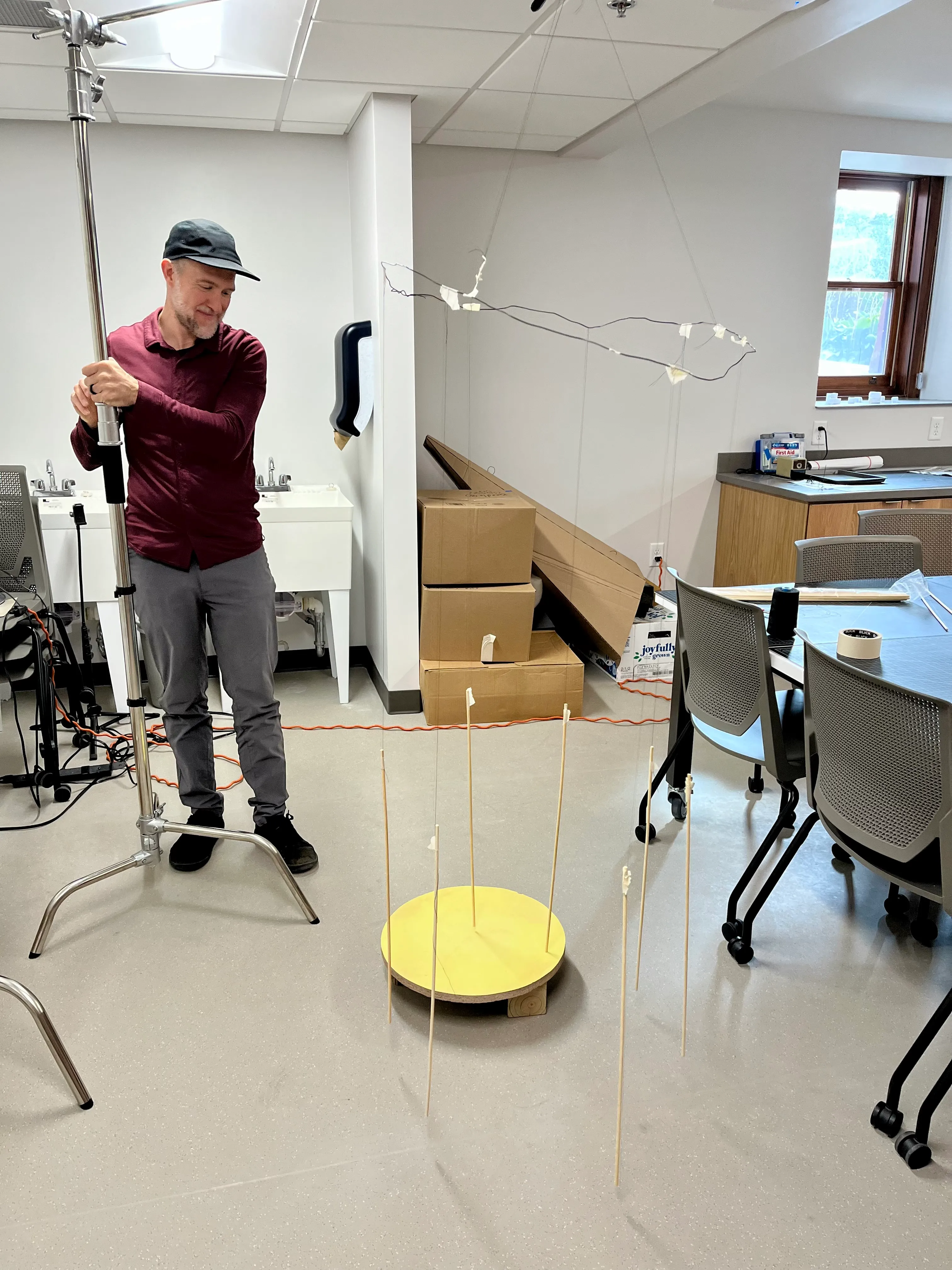 Prototype disc fitted with vertical wooden dowels during an early studio sound and form experiment